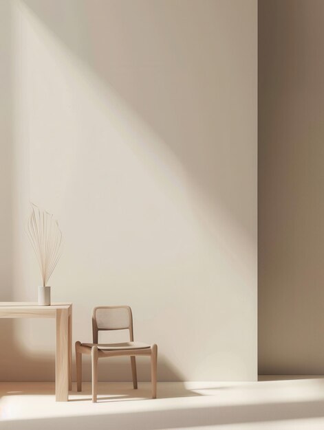 A single wooden chair sits beside a table in a minimalist room bathed in natural light The soft glow highlights the natural textures of the furniture Generative AI