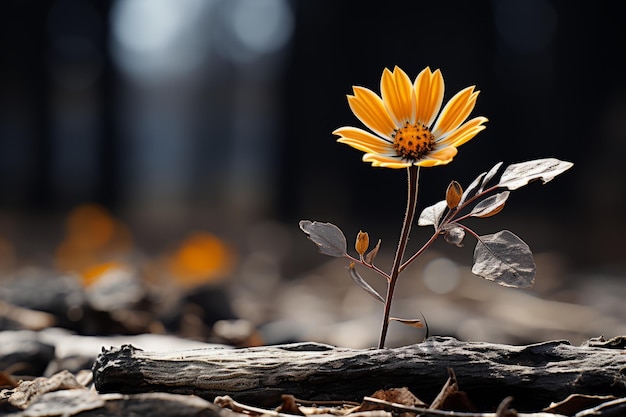 a single yellow flower growing out of the ground in the middle of a forest