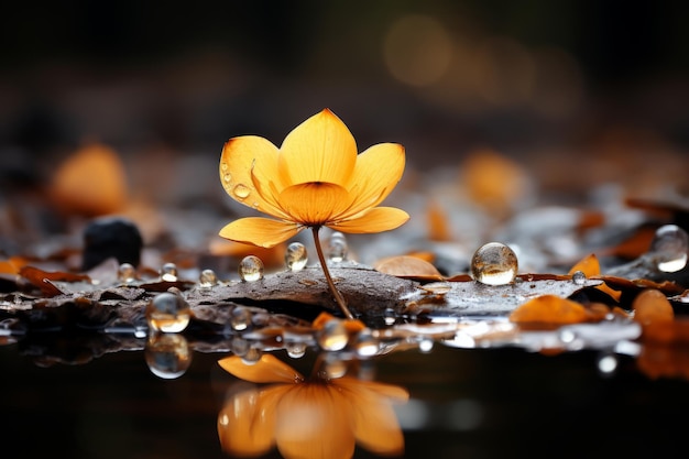 a single yellow flower sits on the ground surrounded by water droplets