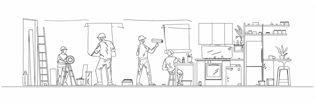 A singleline drawing depicts a kitchen renovation scene with workers painting walls installing cabinets and hanging shelves Generative AI