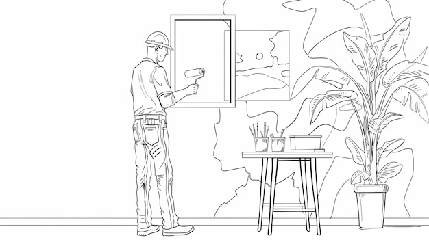 A singleline drawing of a painter decorating a room He is holding a paint roller and painting a wall near a window Generative AI