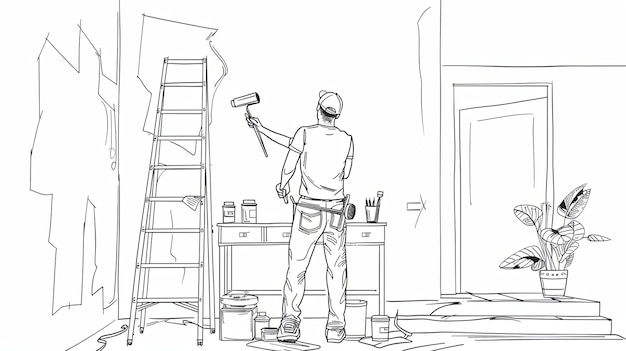 A singleline drawing of a painter working on a room renovation using a paint roller and ladder Generative AI