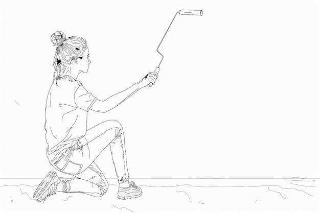 Photo a singleline drawing of a woman kneeling and painting a wall with a roller this illustration depicts a home repair or renovation project generative ai