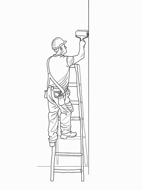 A singleline illustration depicting a painter decorating a home interior wall with a roller brush standing on a ladder Generative AI