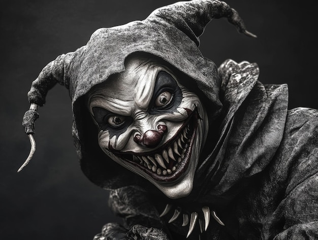 Photo a sinister clown with sharp teeth and a menacing smile wearing a dark hooded costume and pointy horns