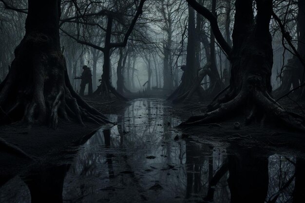 Photo sinister dark swamp with twisted trees