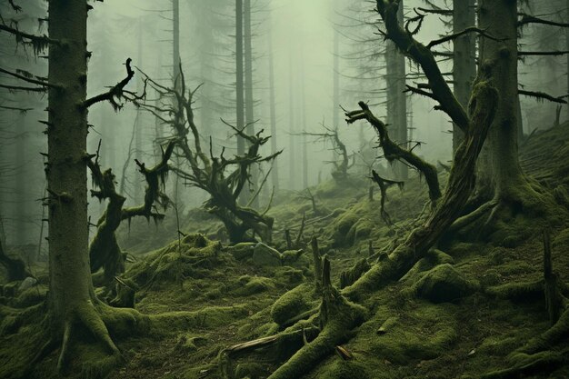 Photo sinister foggy forest with ancient gnarled trees