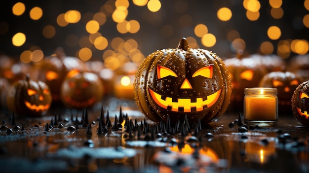 Sinister Halloween composition in dark tones Spooky pumpkin jackolanterns burning candles beads blurred background with bokeh effect Template copy space