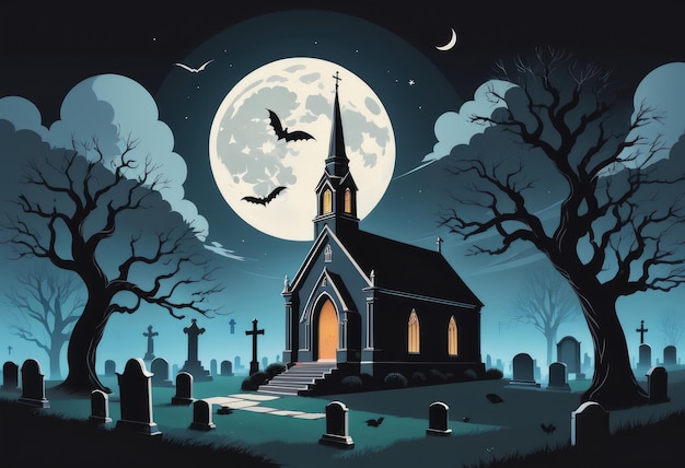 A sinister moonlit churchyard with howling winds