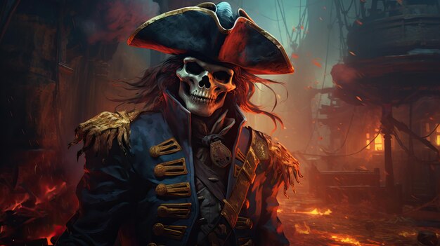 Photo a sinister pirate skeleton wearing a tricorn hat set against a fiery shipwreck backdrop evokes a hau