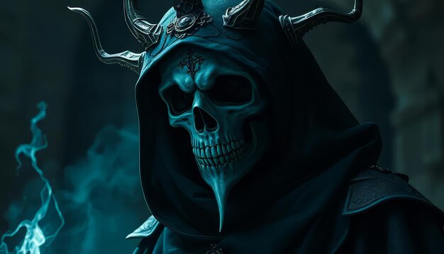 Photo sinister skeletal figure in hood with horns and eerie background