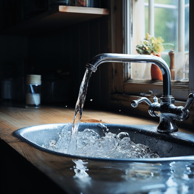 A sink is filled with water and the water is flowing out of the faucet