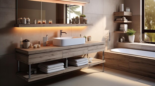 A sink and a mirror can be seen in this frontal view of a brown and white bathroom There are no pe