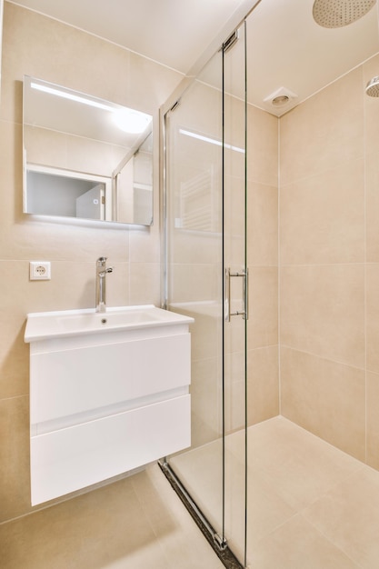 Sink and mirror in modern bathroom