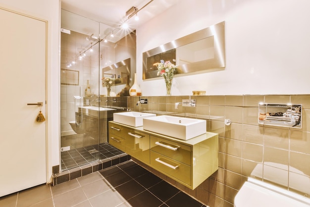 Sink and mirror near bathroom door