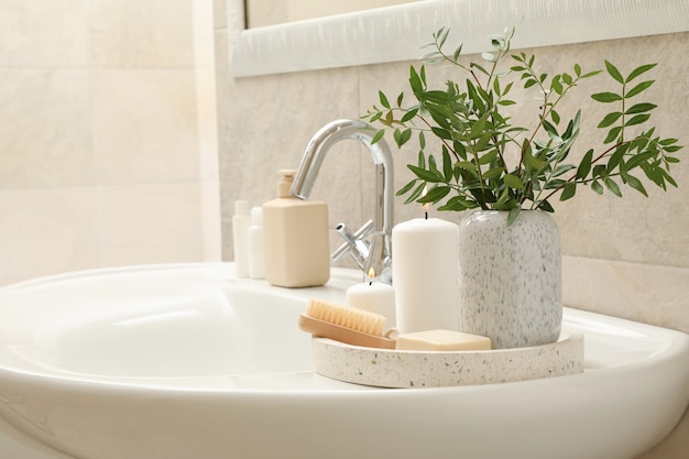 Sink and personal hygiene accessories in bathroom