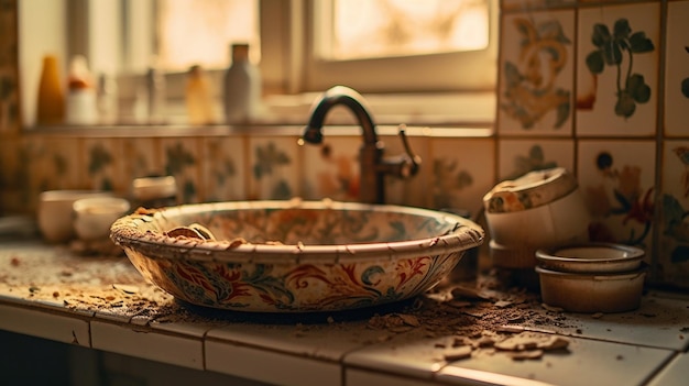 A sink with a bowl of nuts on it in a kitchen.