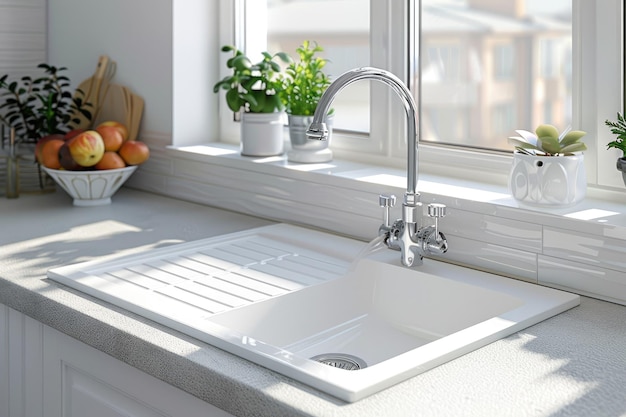 Photo sink with tap on white worktop in contemporary kitchen