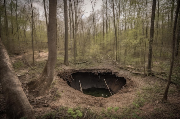 Sinkhole in forest with trees and wildlife visible