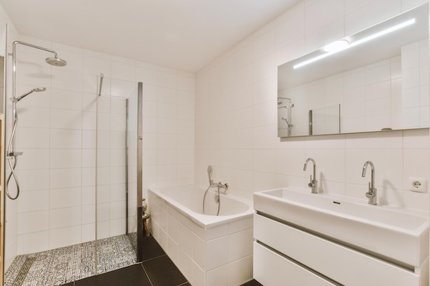 Sinks and bathtub near shower cabin