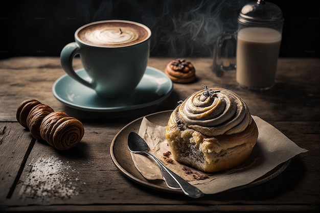 Sinnamon bun and coffee Illustration Generative AI