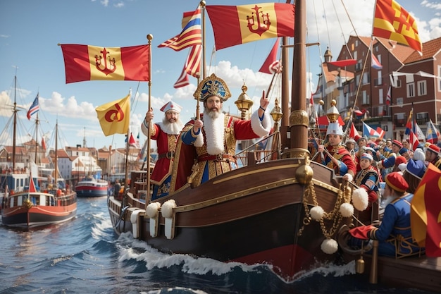 Sinterklaas arrival into a harbor on a steamboat sinterklaas arrival santa clause arrival