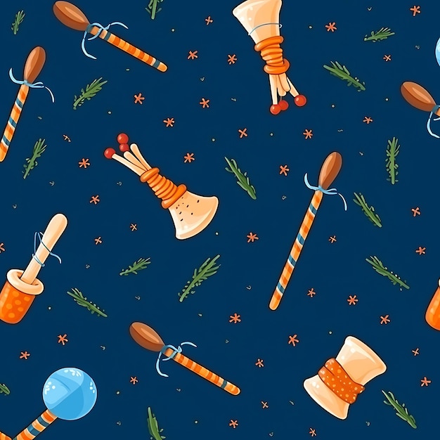 Sinterklaas day Seamless pattern Sinterklaas present stick staff carrot on blue background Dutch