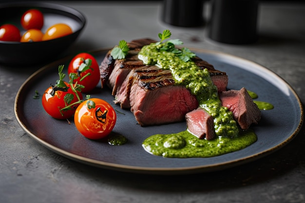 Sirloin steak cooked Argentinean style with green chimichurri sauce and grilled cherry tomatoes