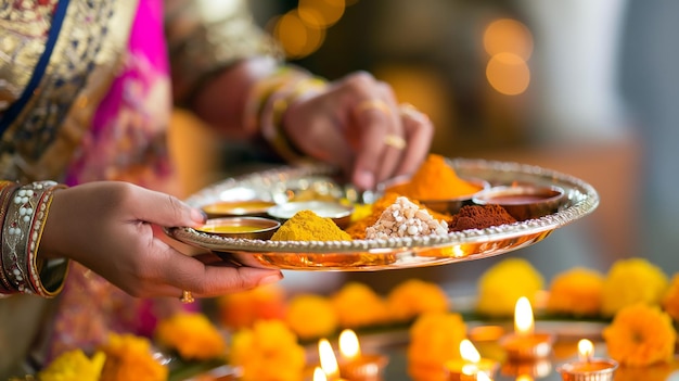 Photo sister preparing a traditional indian thali with sweets and tilak for bhai dooj