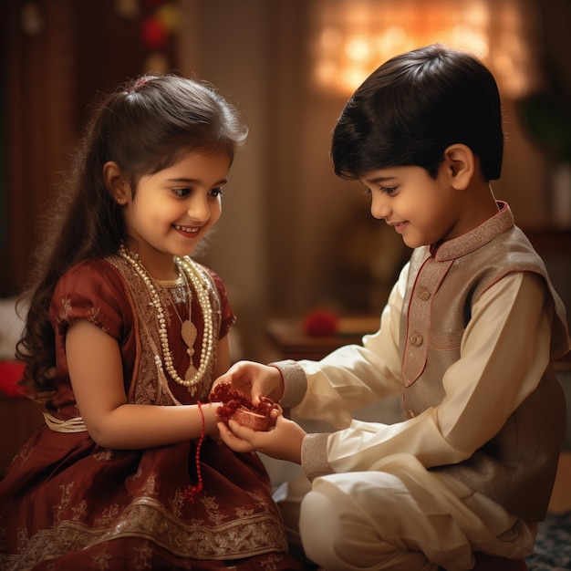 sister tying rakhi to brother