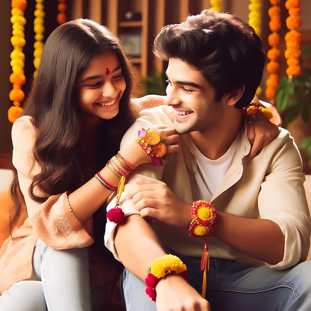 Sister tying rakhi on her brothers wrist on the occasion of Raksha Bandhan