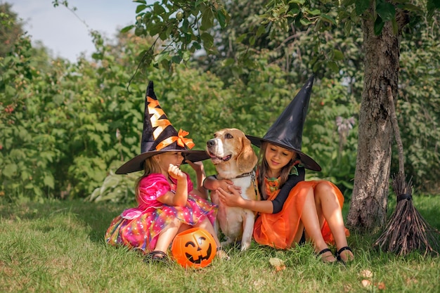 Sisters dressed up as witches play with dog in yard