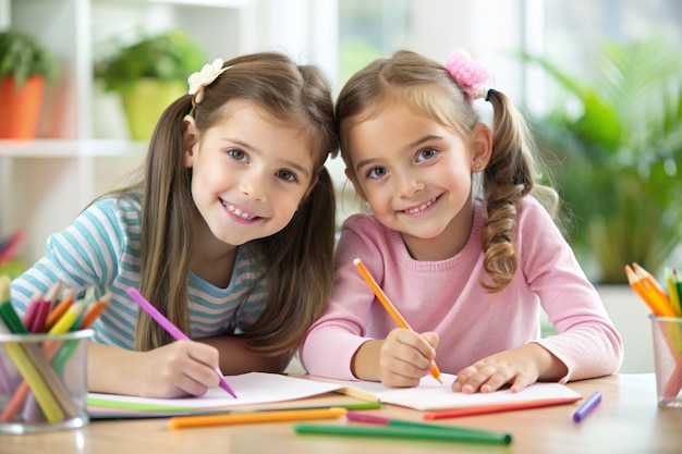 sisters looking at camera during the drawing