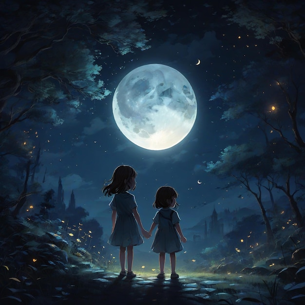 Sisters in a night with full moon