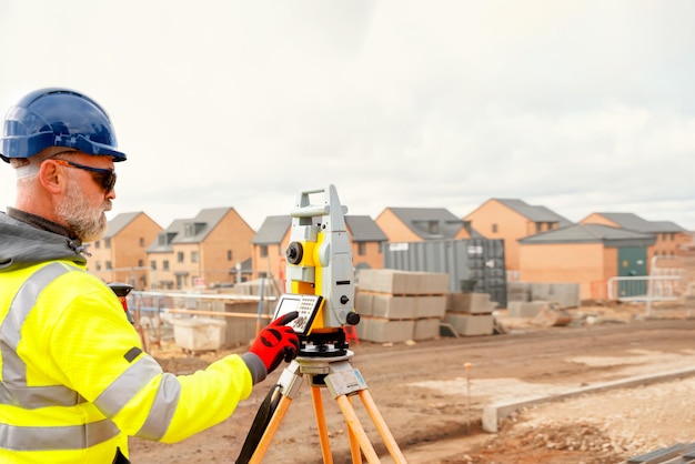 Site engineer in hiviz working on house building construction site using modern surveying equipment