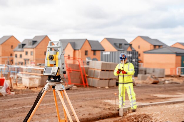 Site engineer in hiviz working on house building construction site using modern surveying equipment