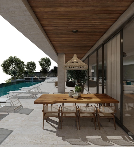 Sitting area in the garden of the modern villa