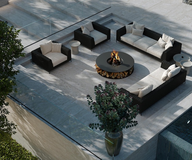 Sitting area in the garden of the modern villa