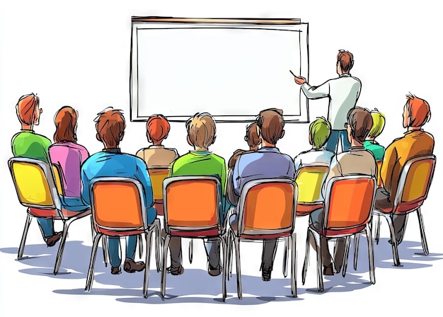 Photo a sitting audience watches a speaker point to an empty white board modern drawing with hatched lines