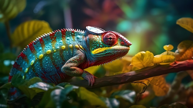 sitting on a branch in a forest with leaves