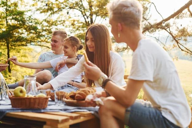 Sitting by picnic table Group of young people have vacation outdoors in the forest Conception of weekend and friendship