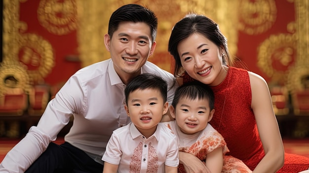 Sitting on the carpet a cheerful family of four with Chinese faces