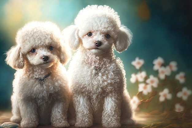 Sitting cute little poodles in gr on blurry background