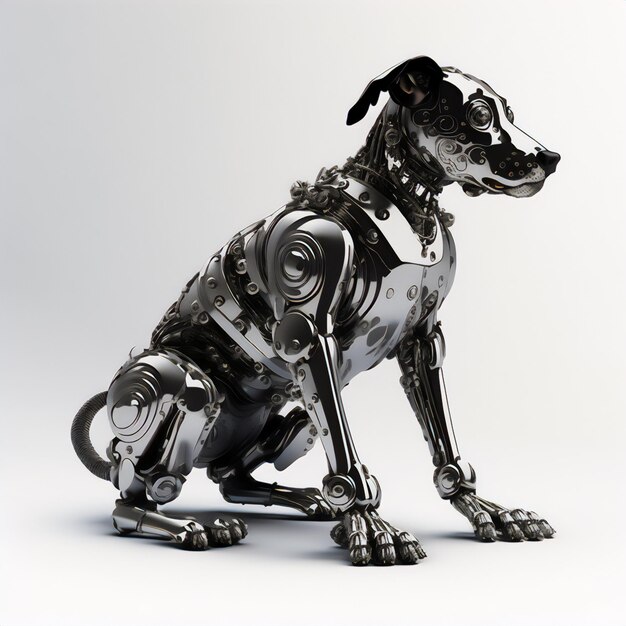 Photo the sitting dog in robot style illustration in white embodies technology