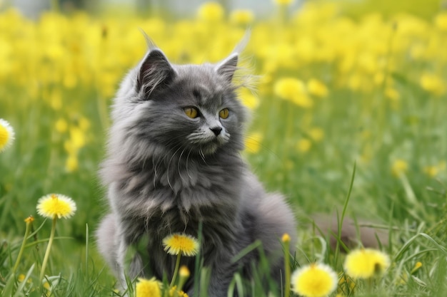 Sitting on a field of yellow dandelion flowers is a fluffy gray kitty