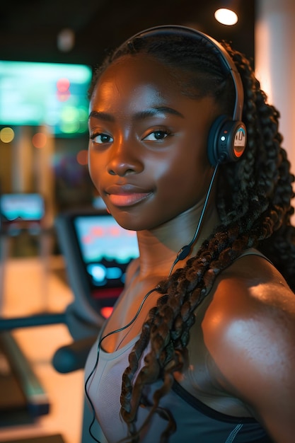 sitting in a fitness center or gym Her expression appears focused and serious as she looks straight