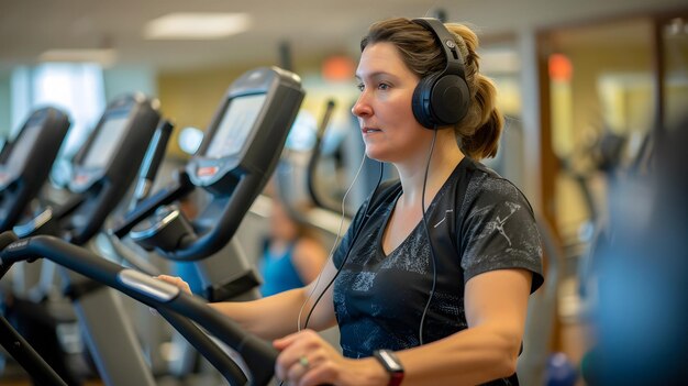 sitting in a fitness center or gym Her expression appears focused and serious as she looks straight