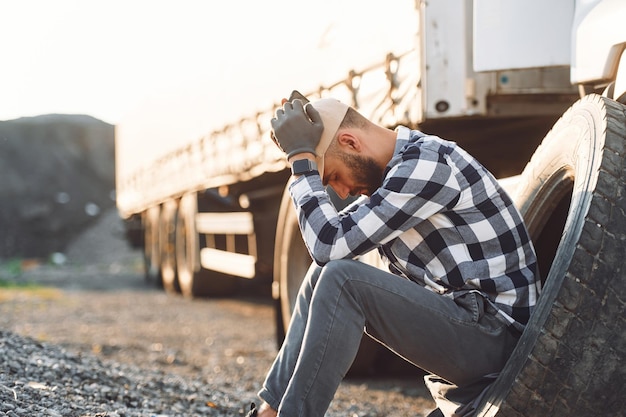 Sitting with phone waiting for help Damaged tire Young truck driver is with his vehicle at daytime