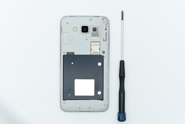 The situation of repairing a cell phone using a screwdriver tool