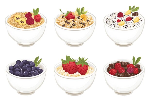 Photo six bowls of delicious oatmeal with various toppings a colorful and appealing breakfast option